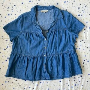 Chambray Tiered Button Up Blouse